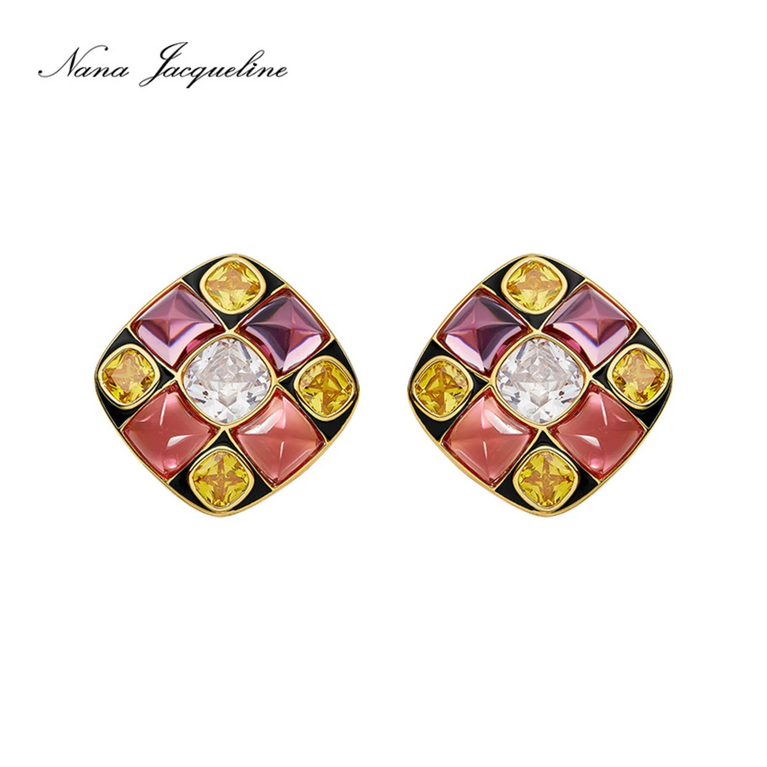 铜合金合成锆石耳饰 NanaJacqueline甜品系列拼钻复古设计感耳钉