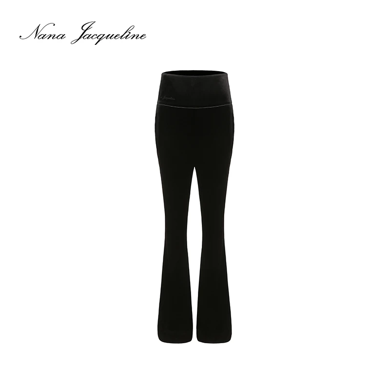 Nana Jacqueline刺绣LOGO黑色高腰丝绒喇叭裤 珠珠