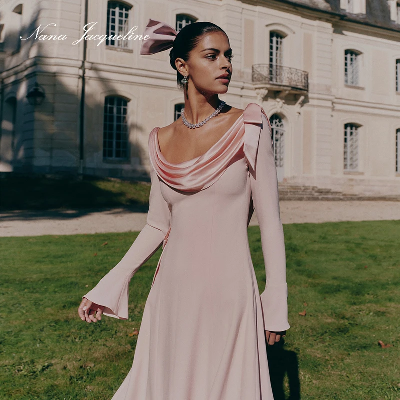 NanaJacqueline荡领长袖连衣裙女24秋新款复古千金不对称开口礼服