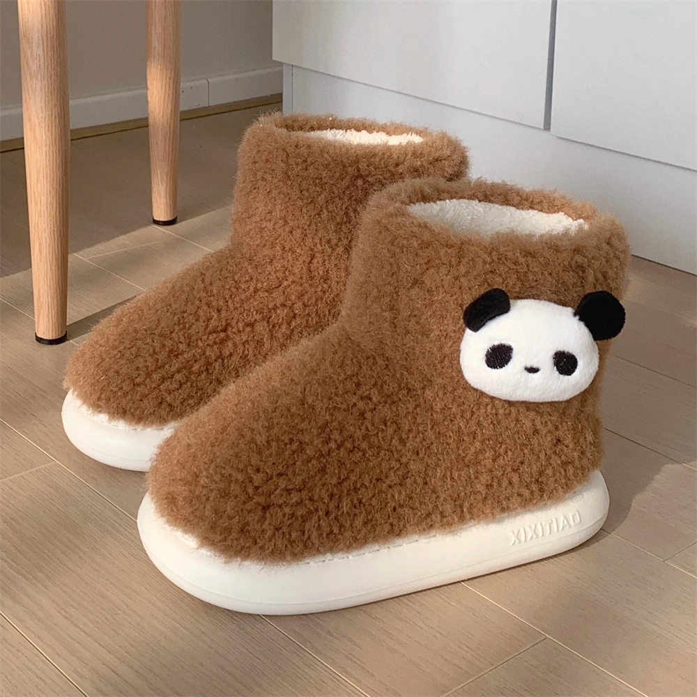 细细条 冬季外穿防滑保暖加绒女雪地靴软萌可爱熊猫仿羊羔毛棉鞋
