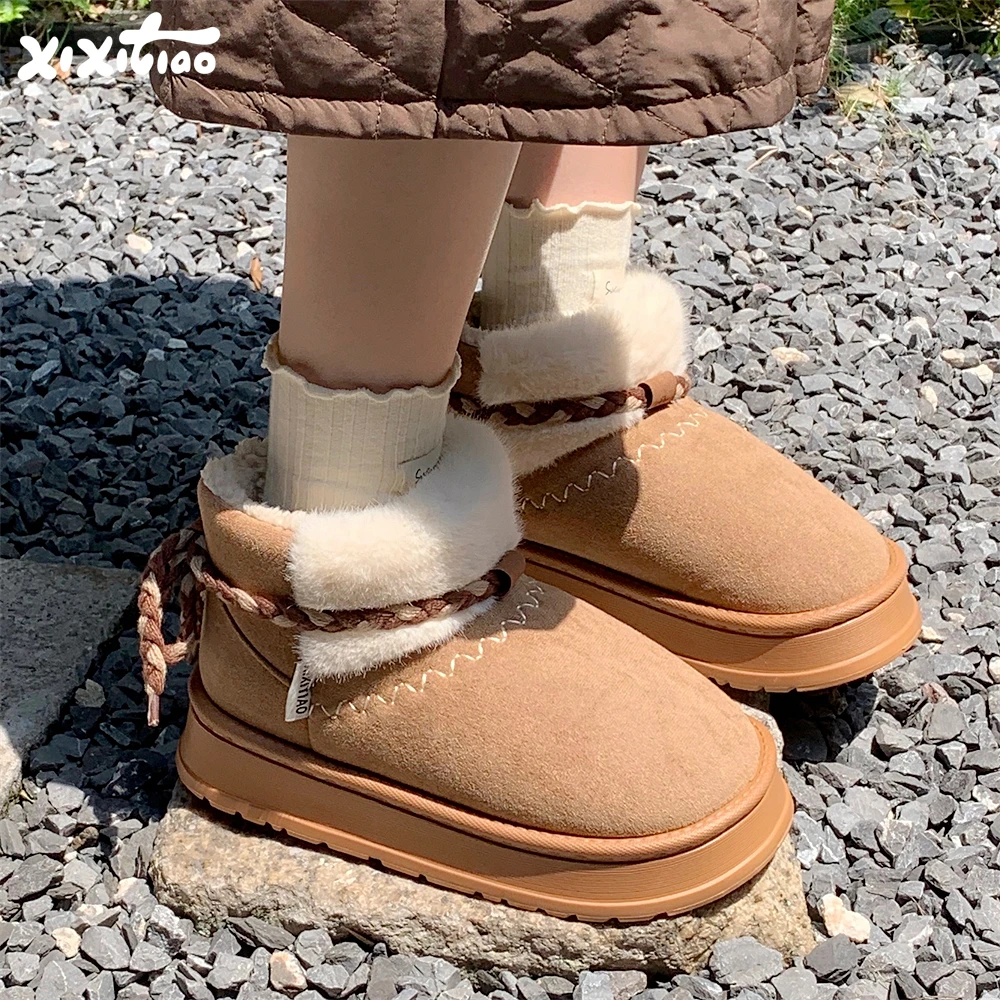 细细条 2024新款冬季加绒加厚中筒棉靴时尚厚底外穿复古雪地靴女