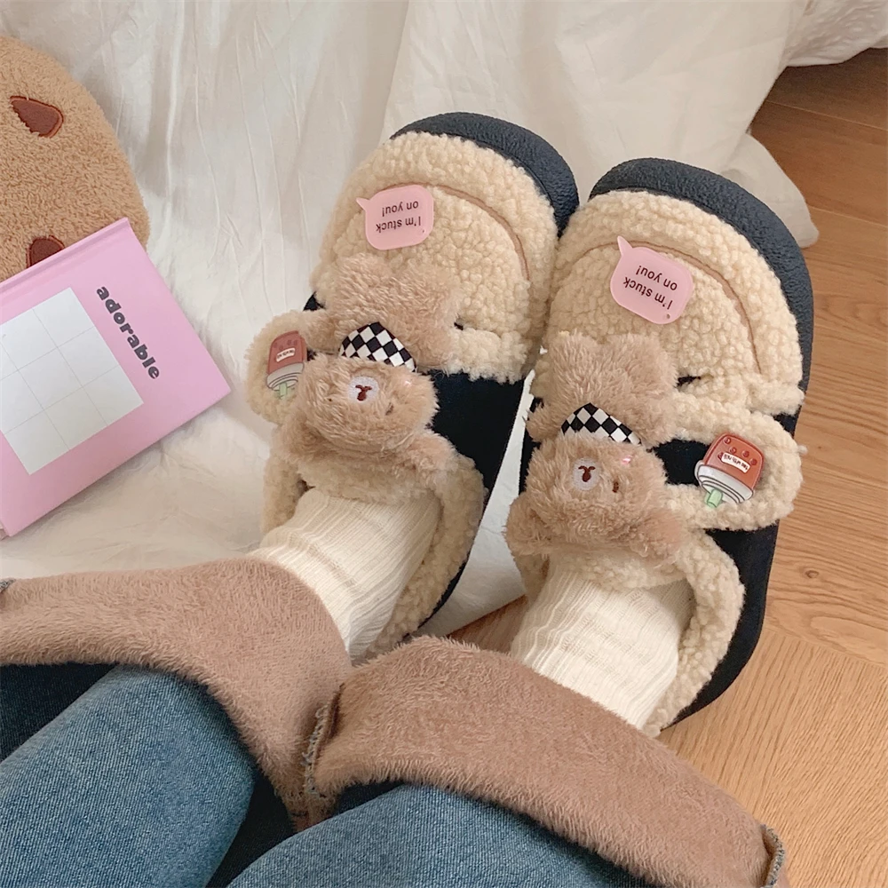 细细条 女冬外穿防滑保暖魔术贴棉鞋趣味可爱小熊亲子乐福豆豆鞋