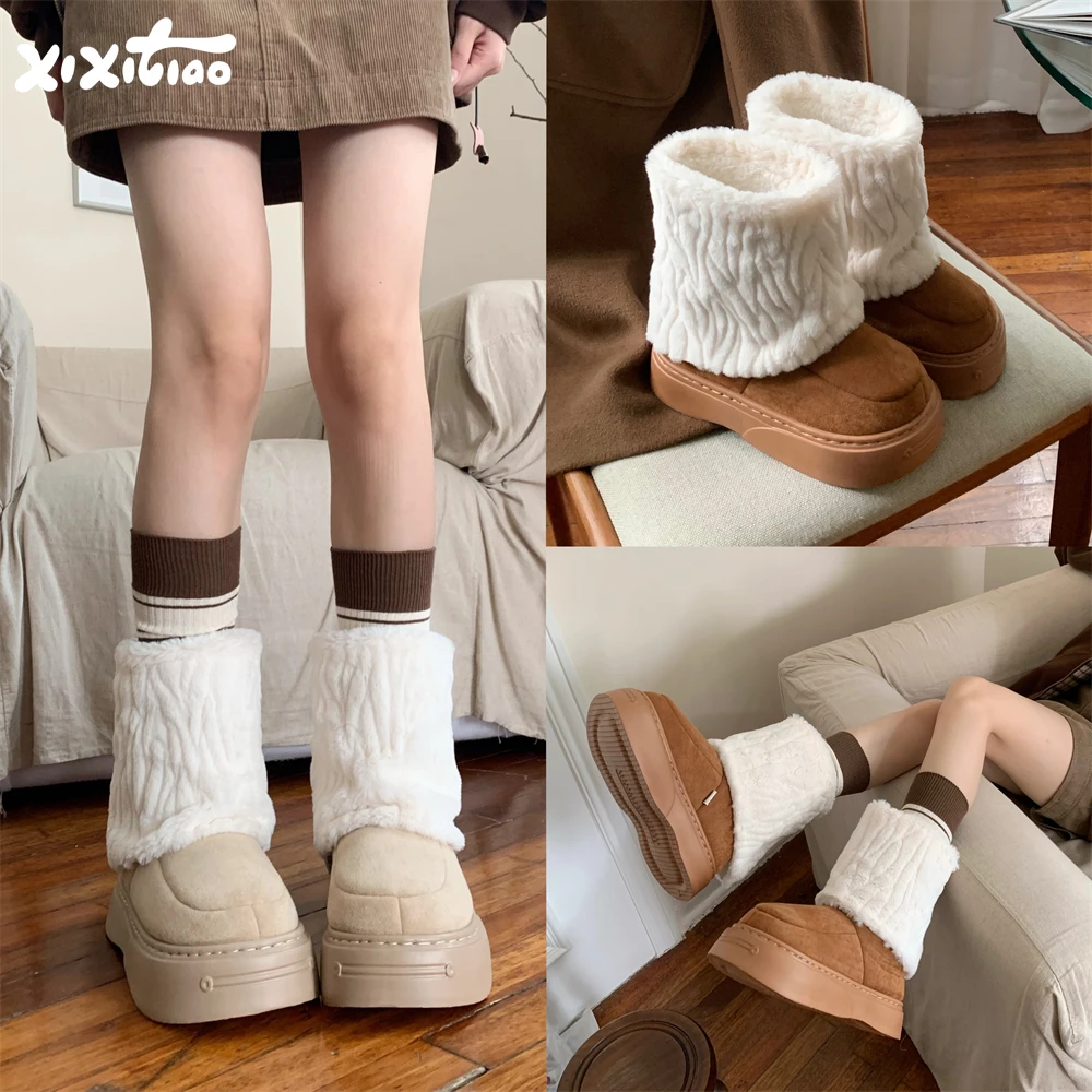 细细条 女时尚防滑复古拼色东北棉鞋百搭厚底保暖冬季毛毛雪地靴