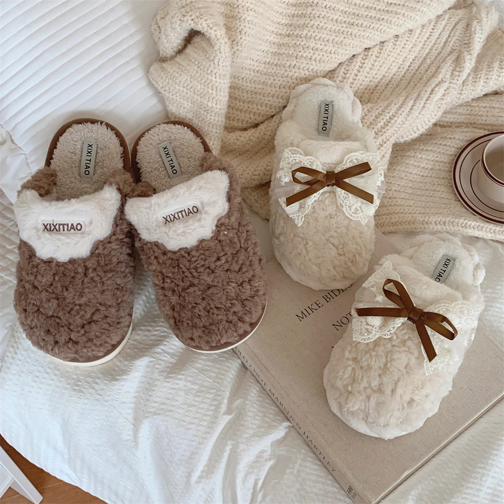 百搭仙女风蝴蝶结情侣棉拖鞋居家软底防滑保暖包头月子鞋男女冬季