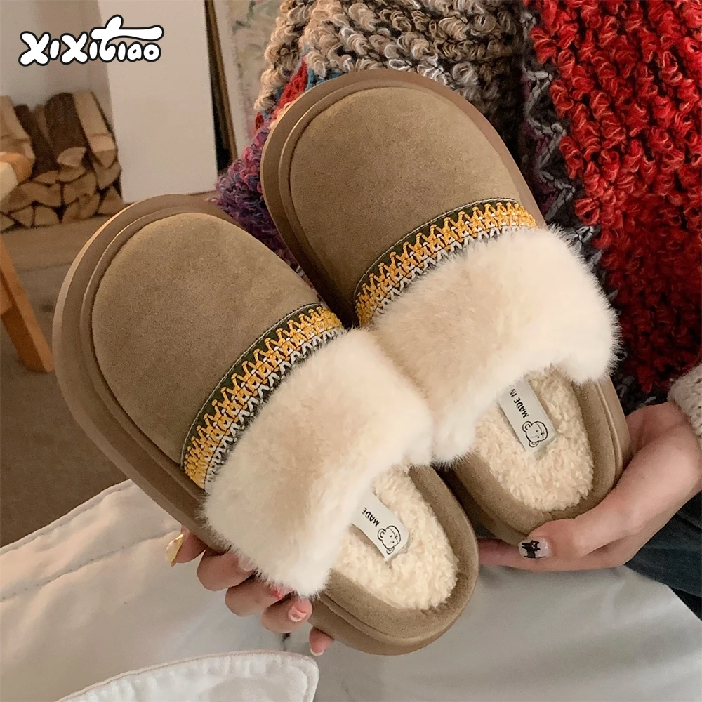 细细条 女冬复古撞色居家月子鞋高级感外穿时尚厚底民族风棉拖鞋