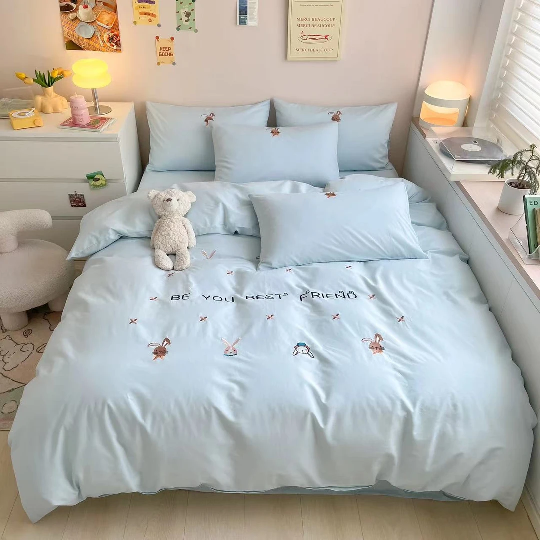 小玲子 兔兔家-蓝 全棉水洗棉三件套四件套 刺绣工艺款 可爱风