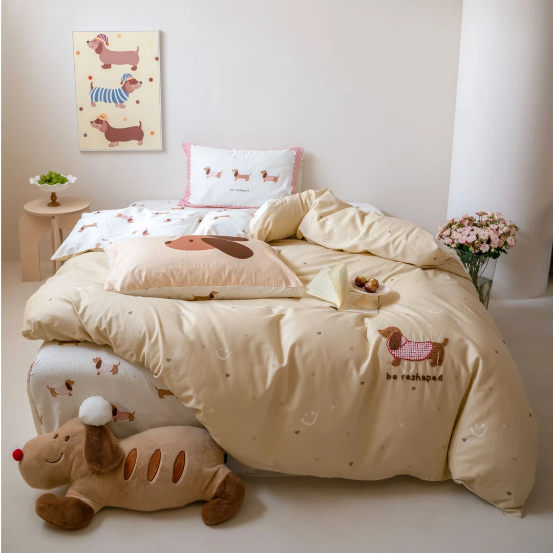 小玲子 腊肠犬 全棉100%棉大版印花毛巾绣四件套 ins简约可爱风