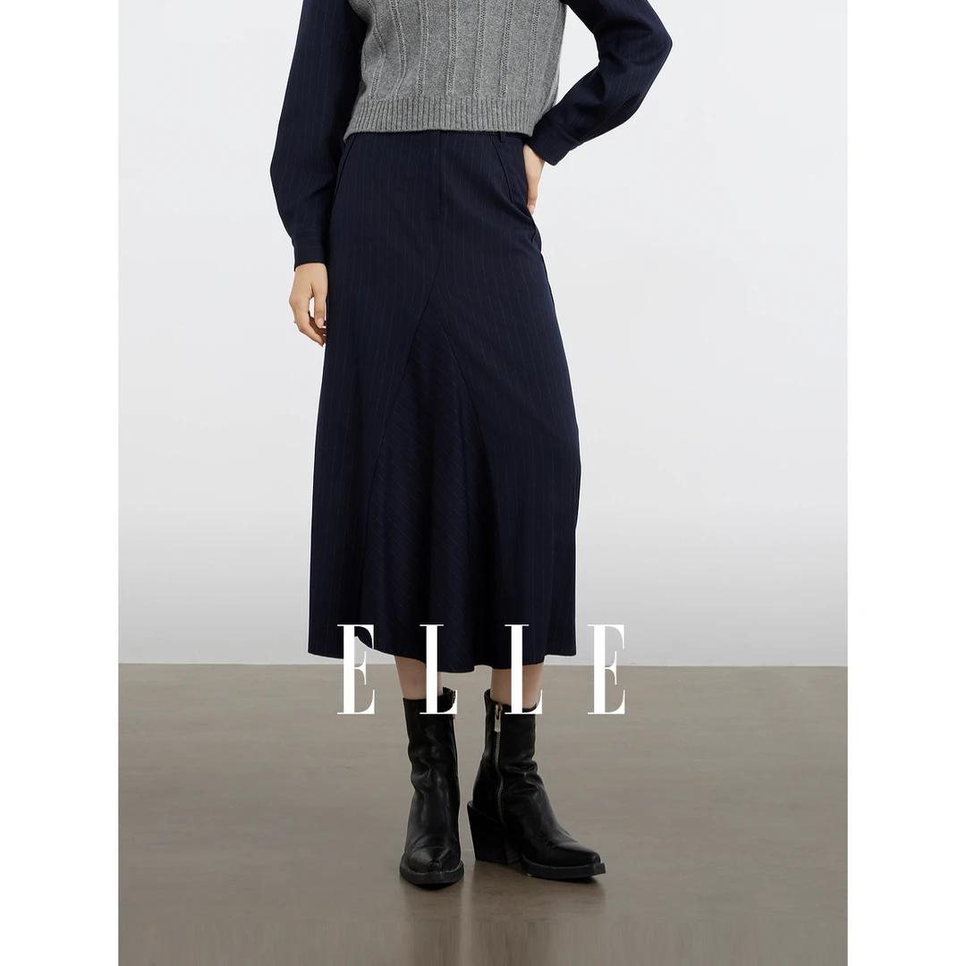 ELLE显瘦中长款半身裙2024冬季新款雅丹风气质时尚简约ER49789