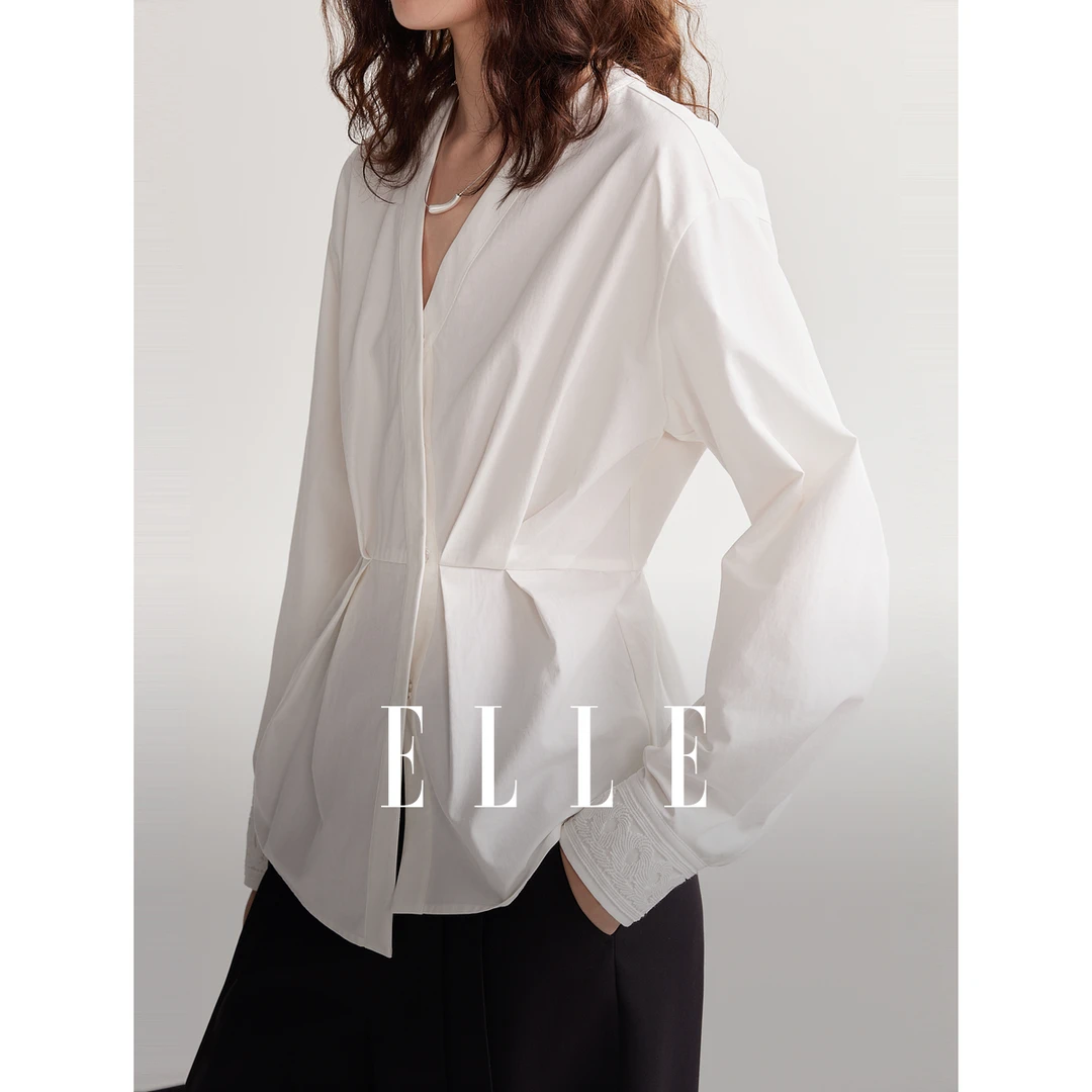 ELLE白色高级感优雅V领衬衫女24秋季新款收腰显瘦气质纯棉EC49006
