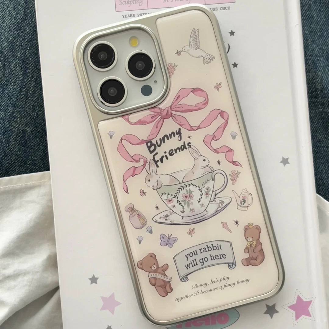 Lelin银边滴胶蝴蝶结茶杯兔手机壳高级日韩简约ins防摔可爱手绘