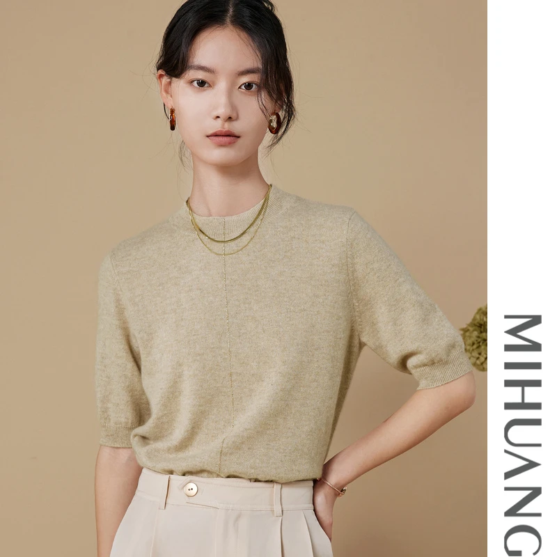 MIHUANG/米皇24年100%山羊绒女短袖衫圆领针织宽松百搭休闲522113