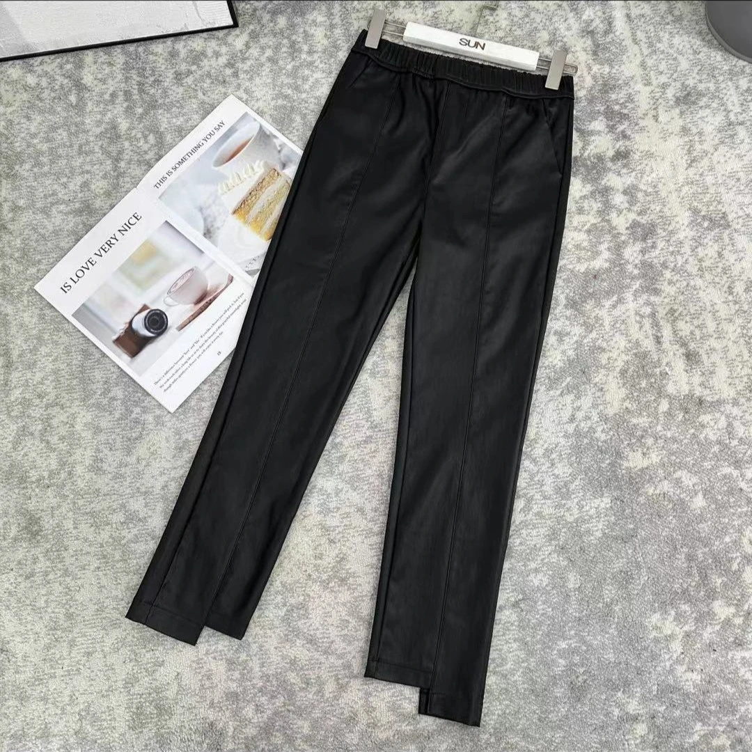 【曾姐严选】休闲百搭时尚加绒九分弹力涂层休闲裤黑色