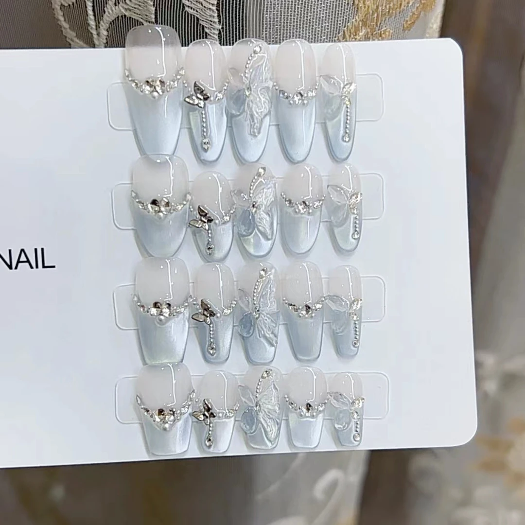 【冰川蝶】纯手工光疗穿戴美甲猫眼成品重复使用美甲贴片可拆