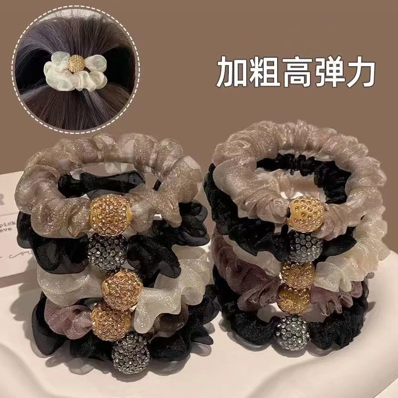欧根纱气质时尚韩版水钻头绳女扎头花发绳橡皮筋高级感褶皱发圈