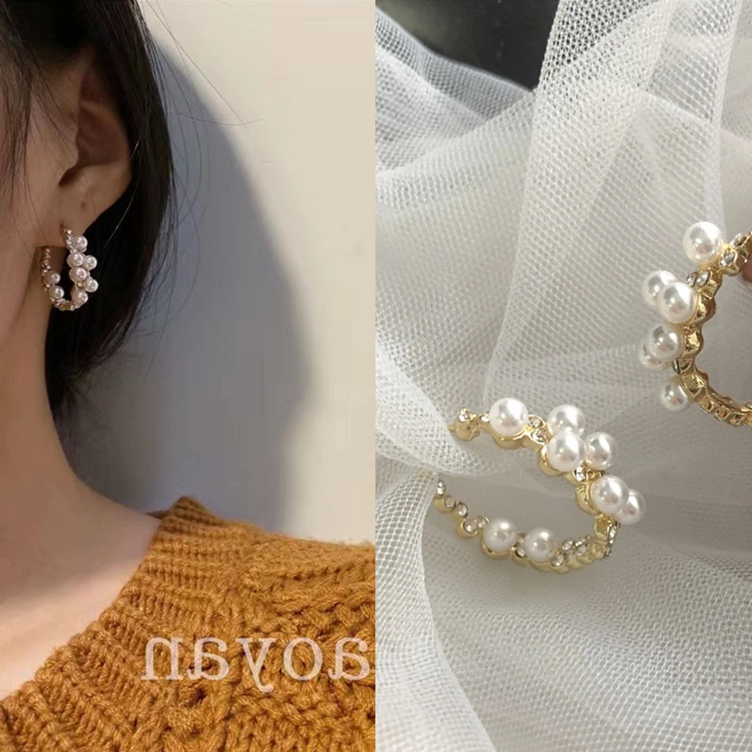 合金耳饰 ins精致轻奢简约韩国巴洛克复古气质C形仿珍珠耳钉百搭