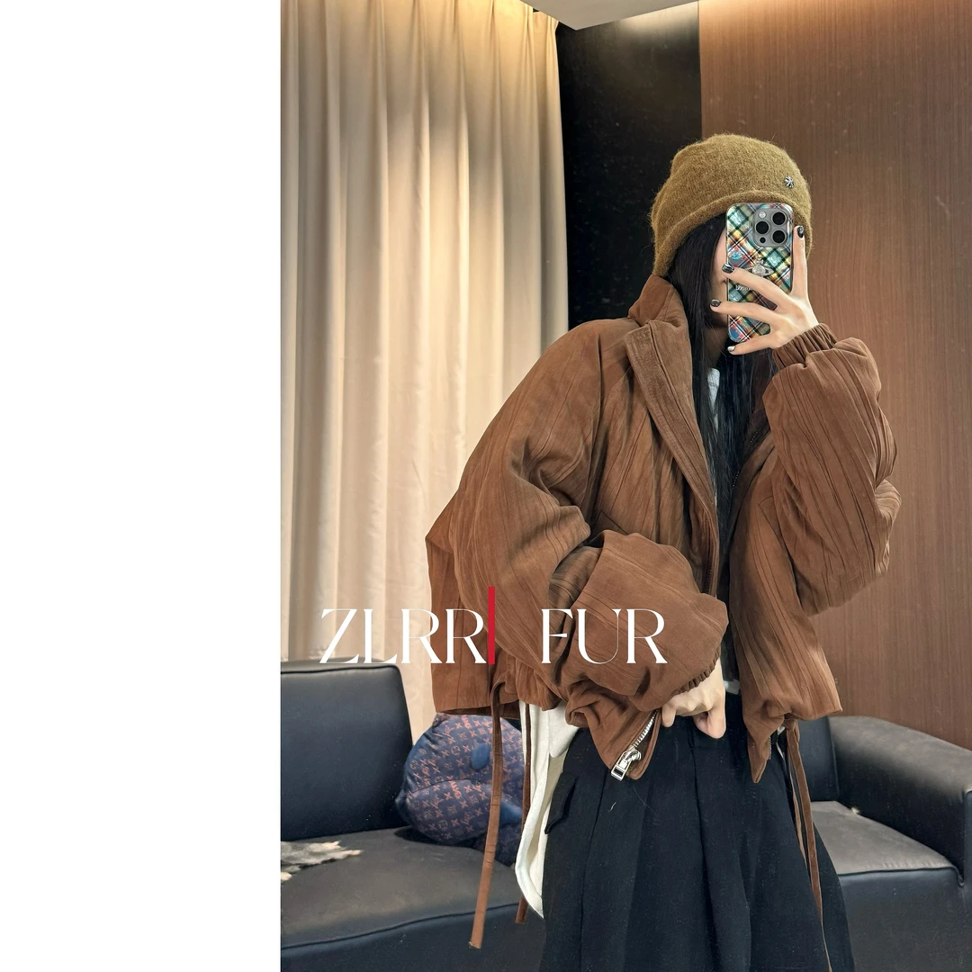 【ZLRR】复古潮感时髦炸街苞型抓褶山羊皮-羽绒外套35