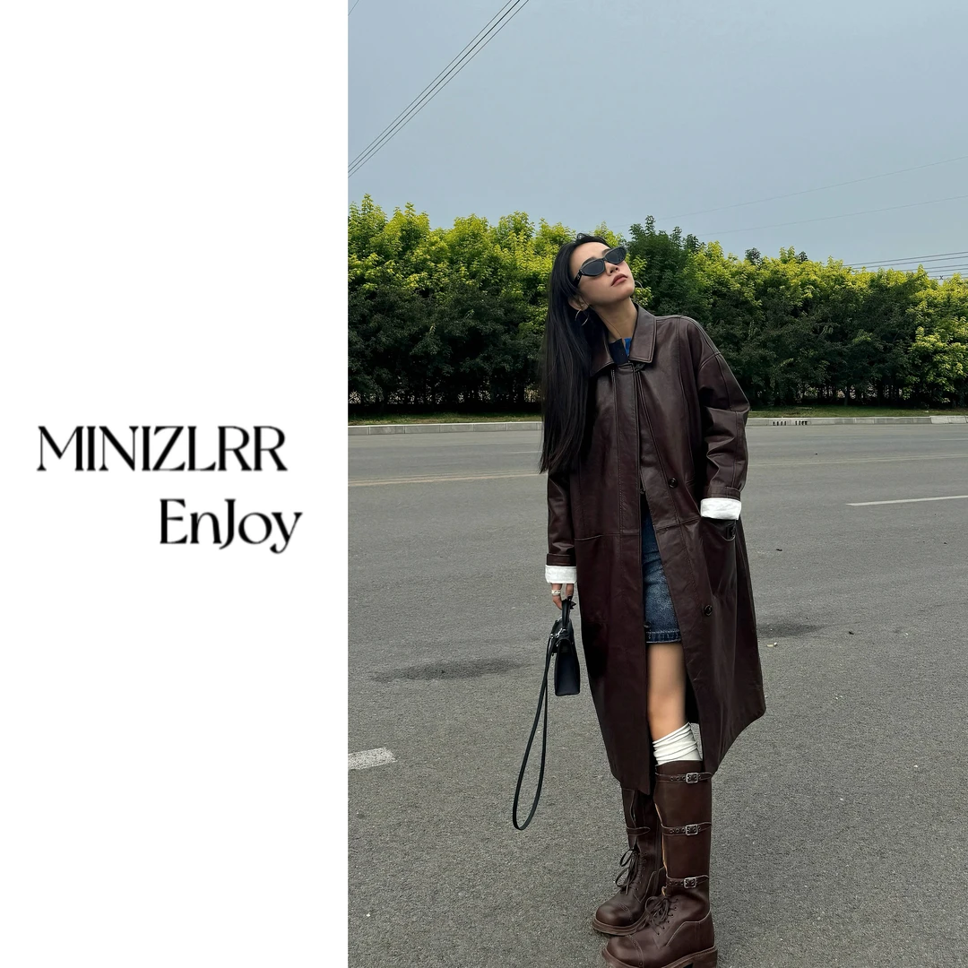 【ZLRR】高端欧货复古棕色过膝长款轻盈绵羊皮油蜡皮大衣K002