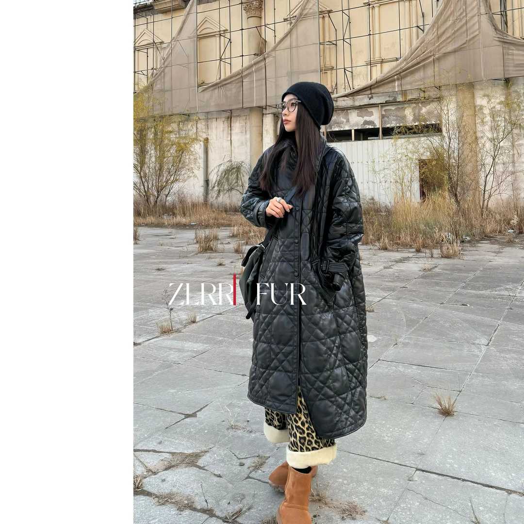 【ZLRR】24秋冬宽松百搭中长款菱形格绵羊皮夹棉外套K022