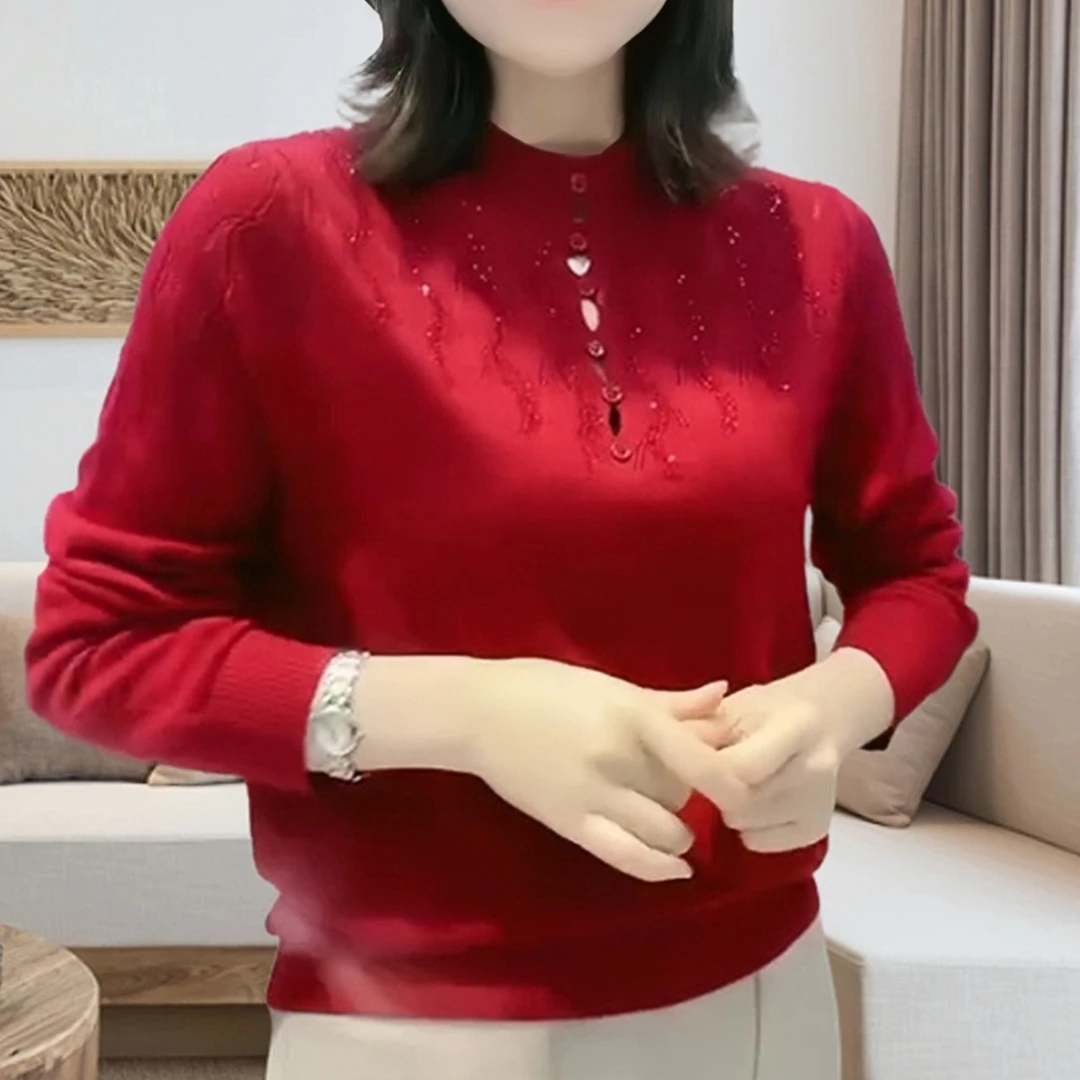 妈妈装针织衫女2024早秋季新款高档烫钻长袖半高领显瘦减龄打底衫