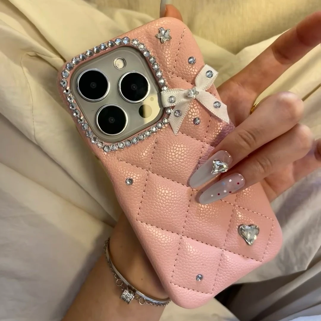 粉菱格钻皮纹iPhone16promax手机壳15适用于苹果14高级感12轻奢