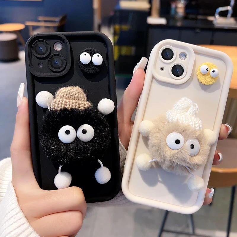毛绒小煤球公仔适用苹果iphone15/14/13手机壳华为vivo小米oppo保