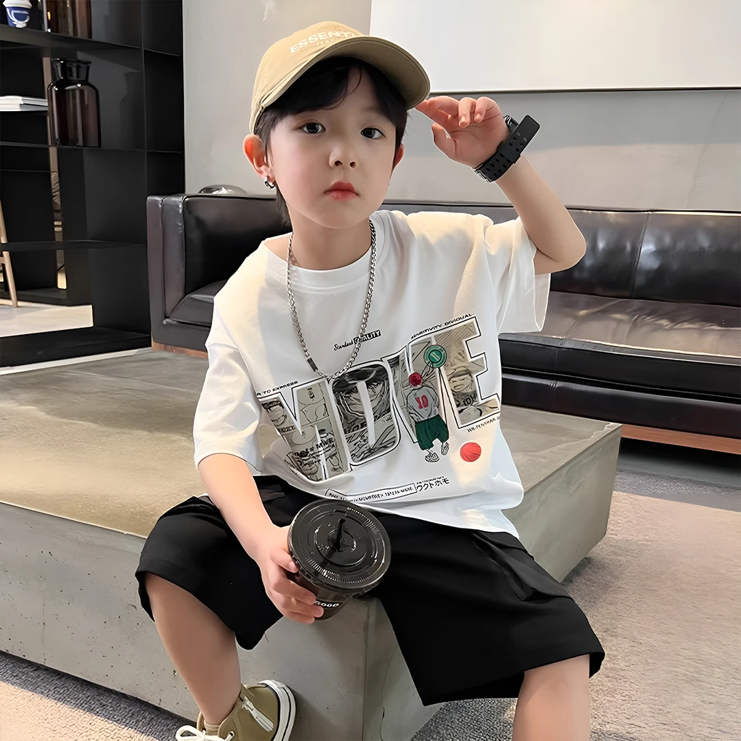 儿童纯棉短袖t恤2025夏装新款洋气韩版男童宽松休闲中大童夏季潮T