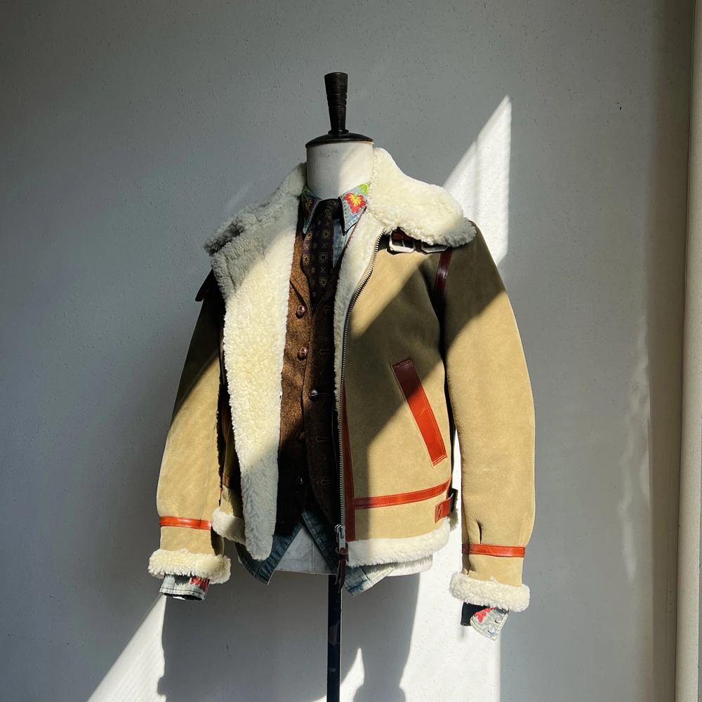 CIDU/刺度美利奴羊羔皮毛经典B3轰炸机飞行员夹克皮毛一体外套