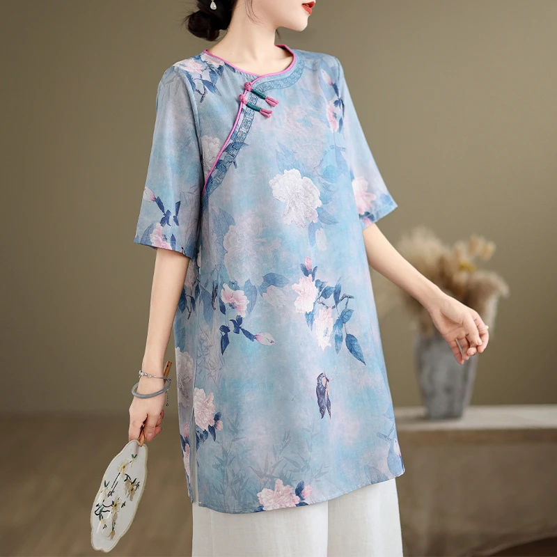 1229#复古国风刺绣印花衬衫女夏季新款改良中式盘扣上衣