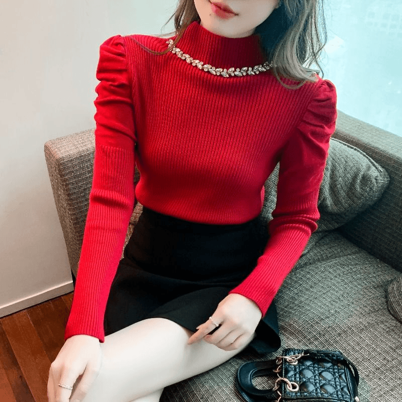 半高领毛衣女冬季加厚针织打底衫秋冬内搭泡泡袖上衣潮设计感小众