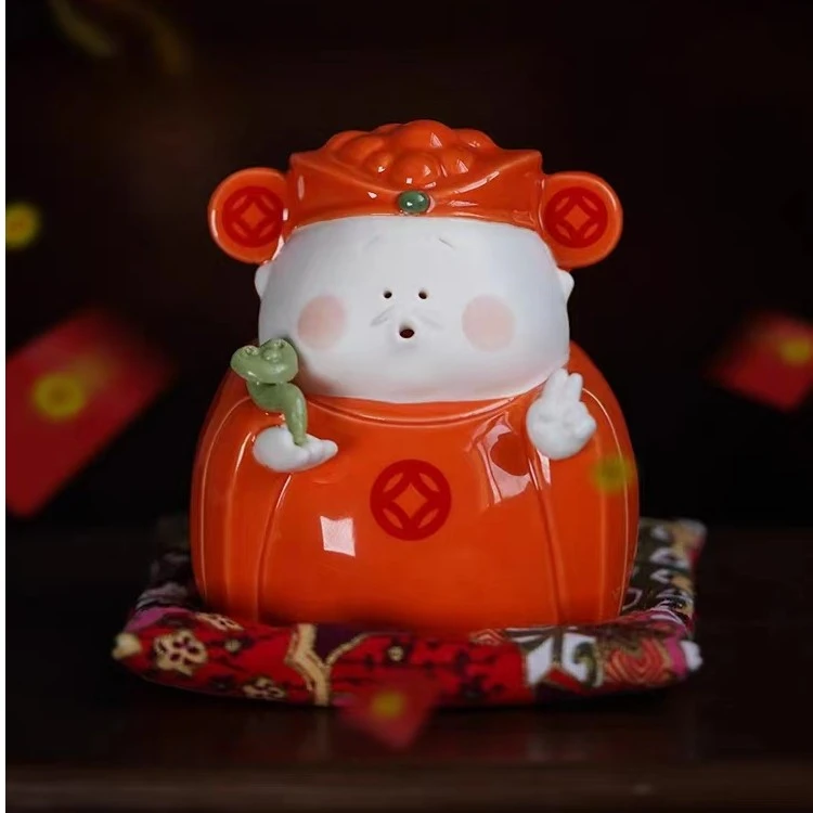 喜物国潮茶宠摆件书房小财神手工可爱情侣创意陶瓷摆设带盖高档