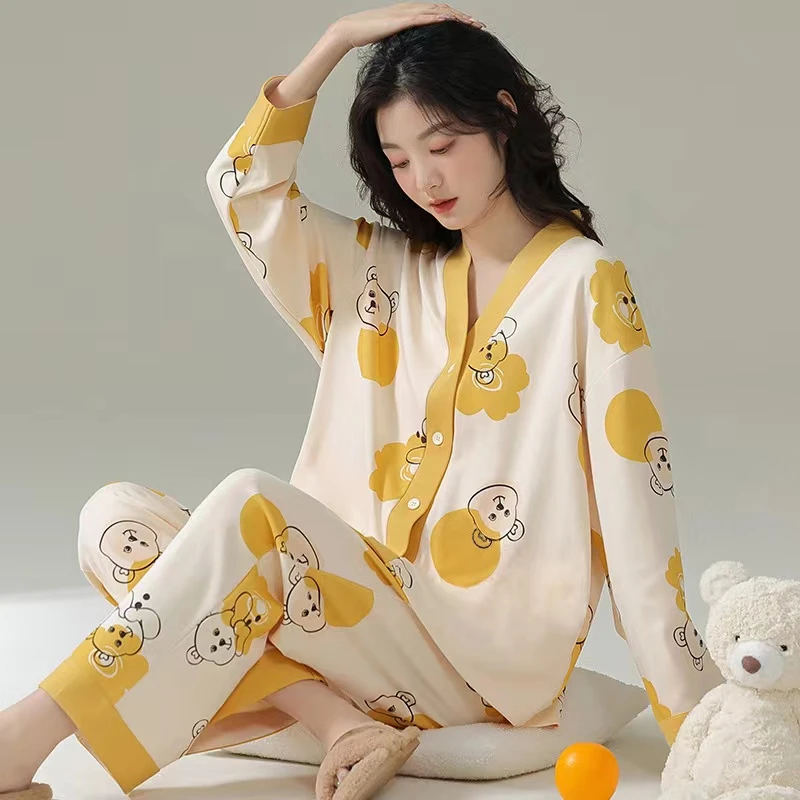 【晓娅专享专享】软乎乎糯唧唧绵绸黄色小熊春秋家居服v领睡衣套装