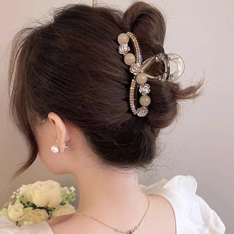 小香风山茶花大抓夹女发量多后脑勺发夹高级感高端盘发鲨鱼夹发饰