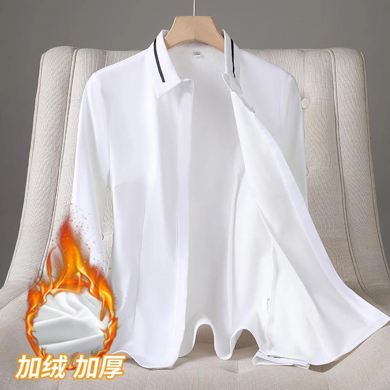 白色长袖加绒衬衫女冬季2023新款加厚保暖职业工装打底一体绒衬衣