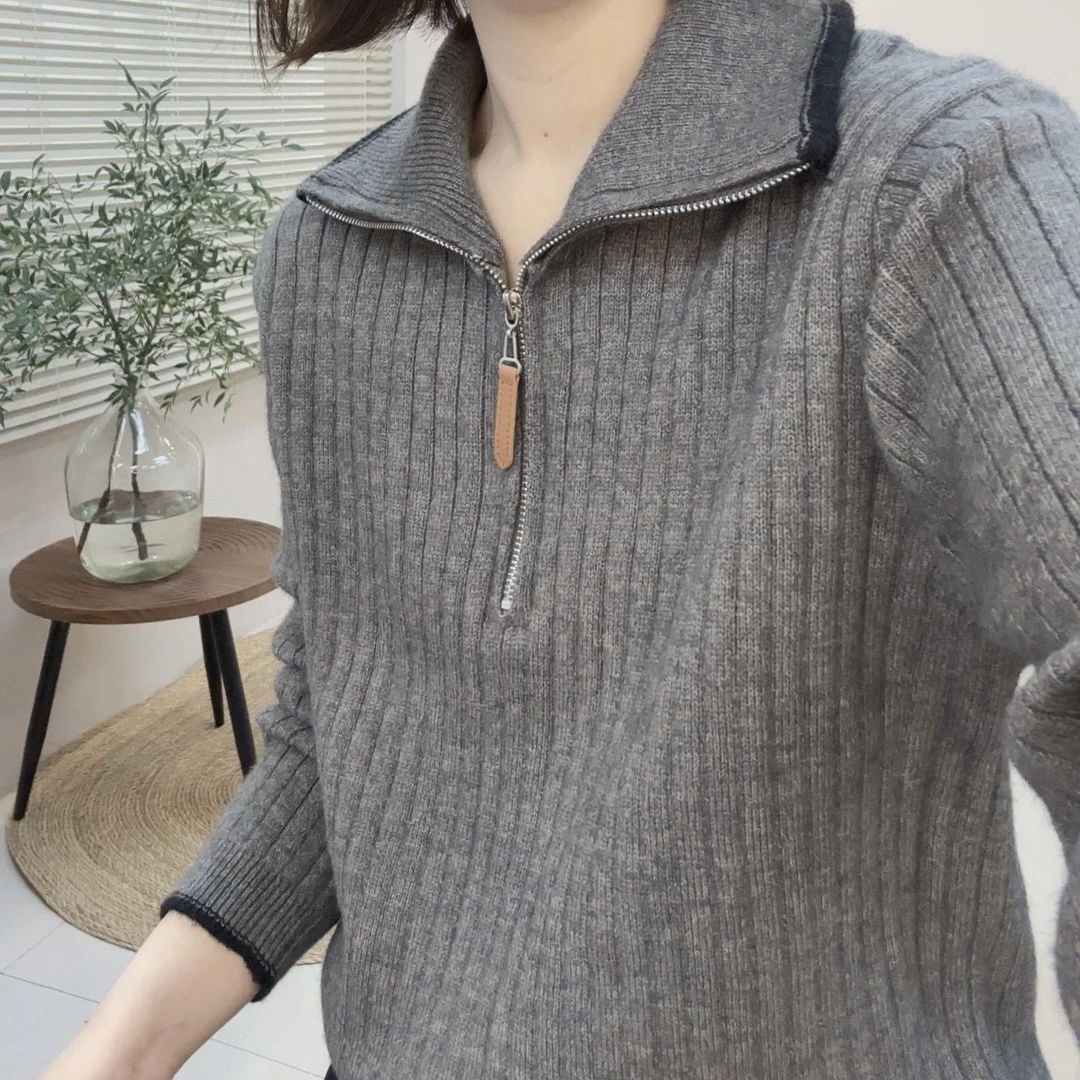 设计感撞色翻领半拉链长袖针织衫女2024秋冬新款休闲软糯百搭毛衣