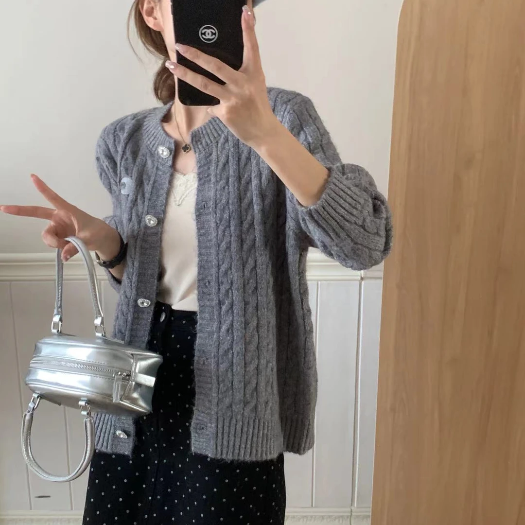 复古圆领针织麻花毛衣开衫女2024秋冬韩版新款针织衫短款外套上衣