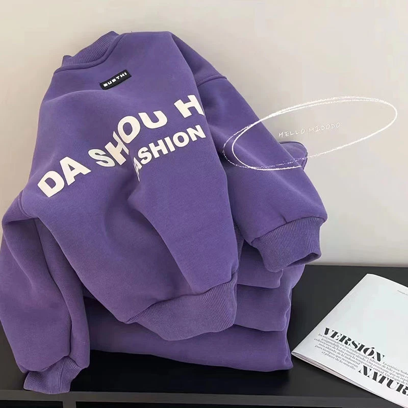 儿童秋冬加绒卫衣男女童新款洋气字母印花长袖T恤中小童保暖上衣