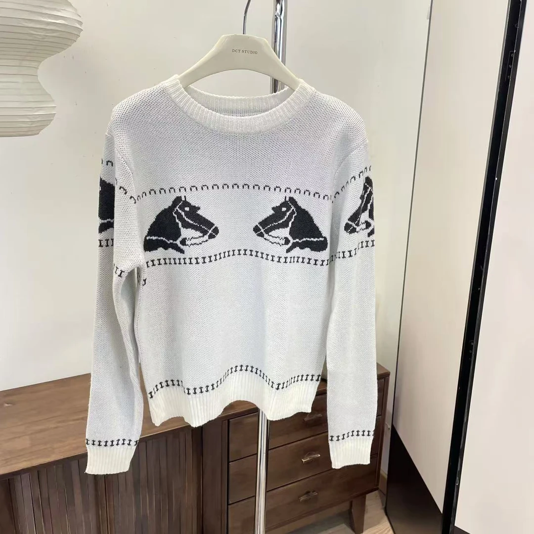 针织衫-OD105复古圆领老钱风小马提花