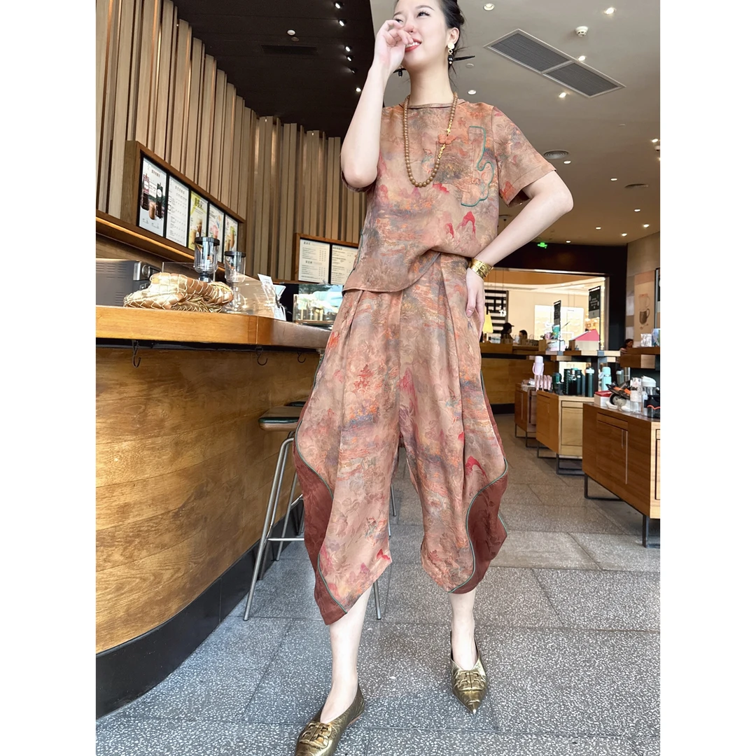 【老罗家】原创真丝裤桑蚕丝香云纱花罗印花宽松花苞裤休闲薄款裤