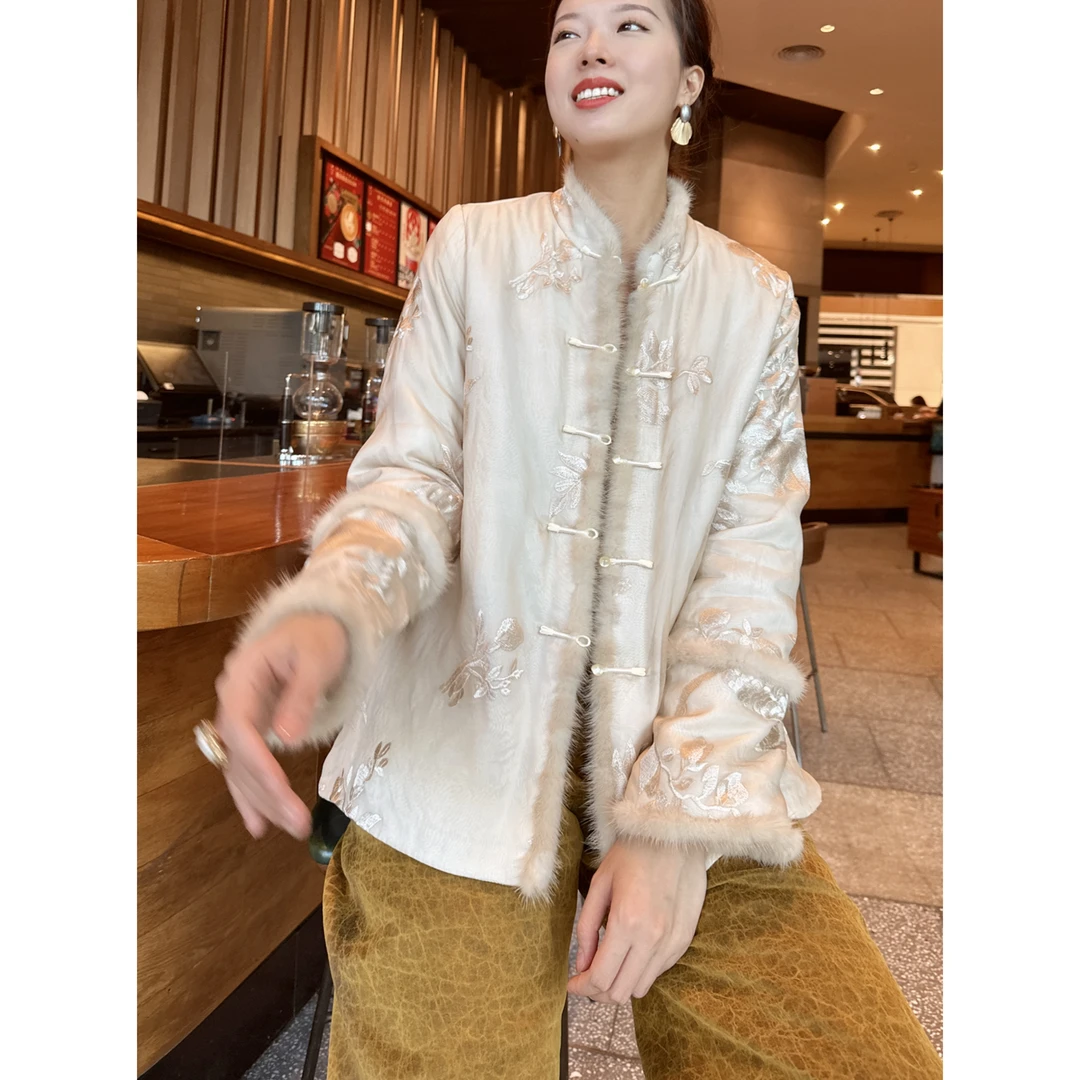 【老罗家】原创真丝棉衣桑蚕丝绣花短款棉服新中式加棉中长款外套