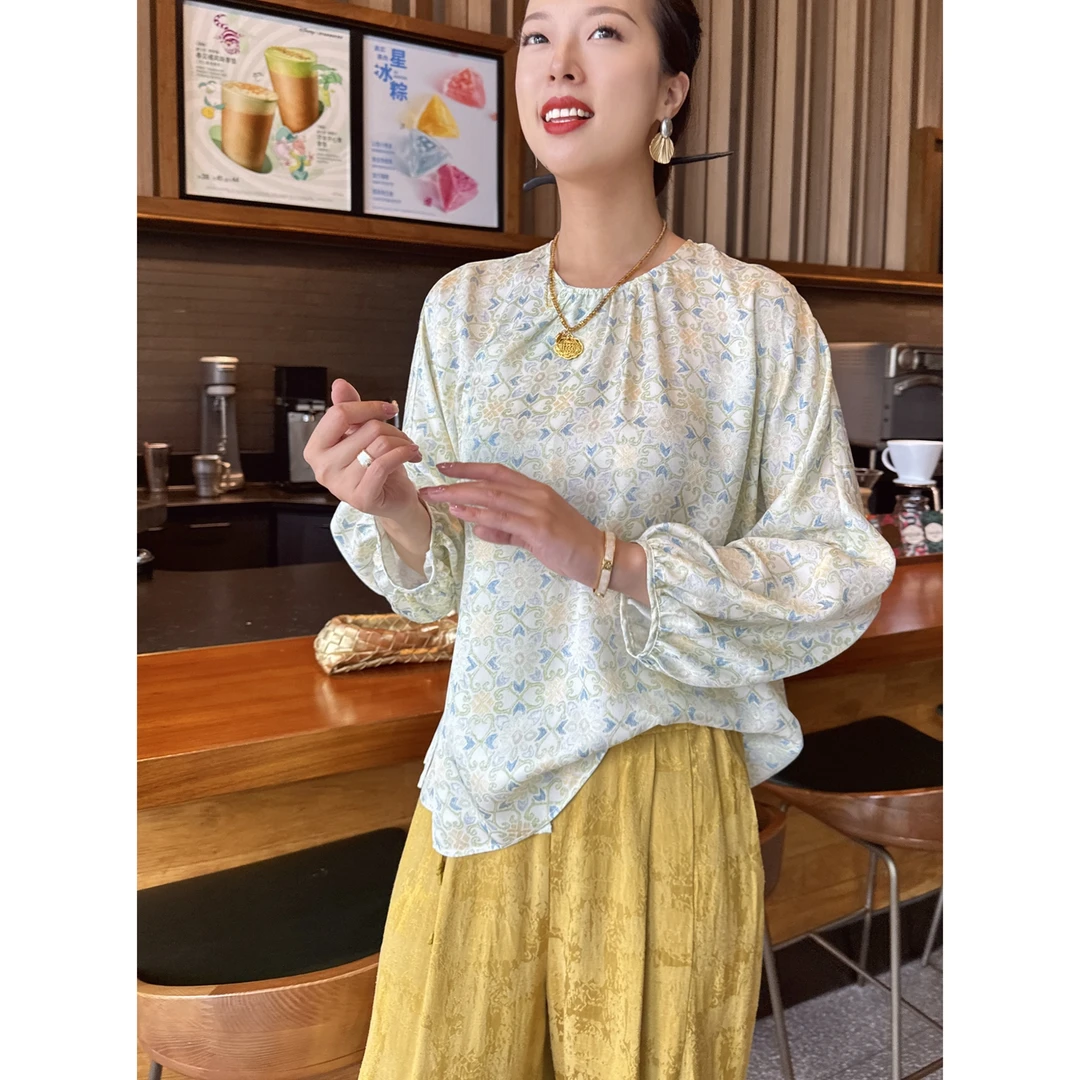 【老罗家】原创真丝衬衫桑蚕丝四经绞罗提花宽松显瘦圆领长袖上衣