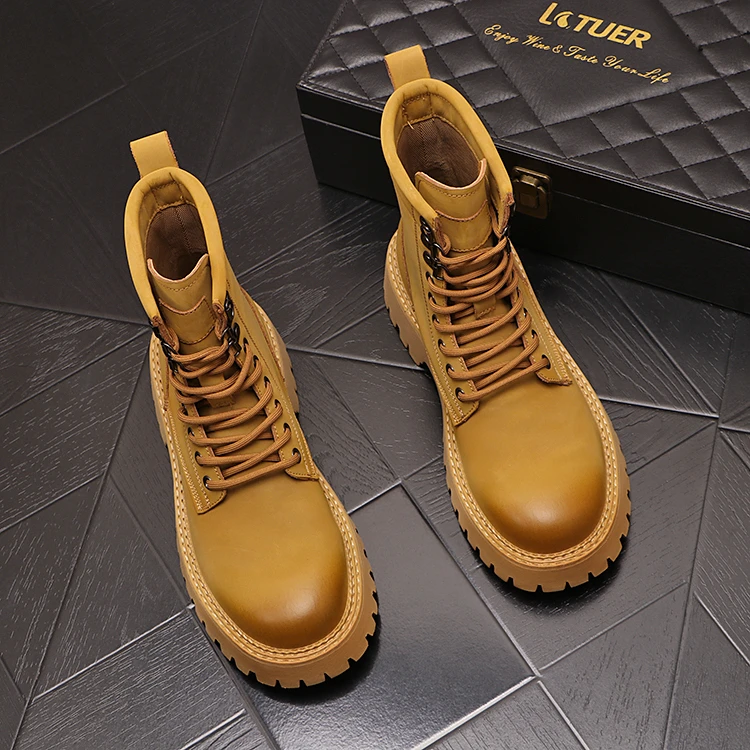 真皮马丁靴男新款厚底增高短靴英伦风大黄靴男百搭机车靴2024新款