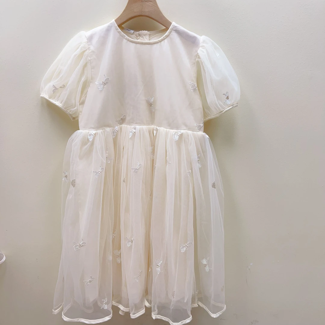 815 米色蝴蝶结纱纱裙蕾丝裙  女童刺绣纱裙