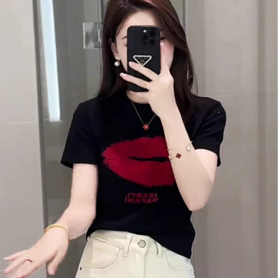 韩式红唇印花黑色短袖T恤女2024夏季新款修身显瘦百搭轻熟风上衣