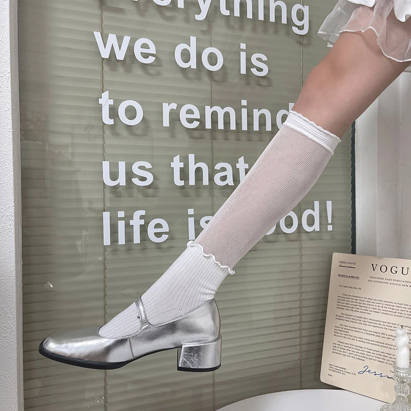 夏季薄款透气千禧年Y2K辣妹龙心款木耳边蕾丝拼接中筒过膝堆堆袜