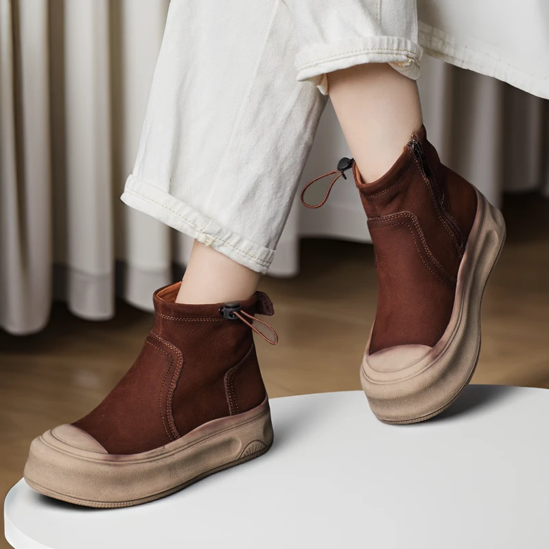 百搭秋季新款牛皮帅气英伦风圆头深口高帮单鞋侧拉链软皮软底短靴