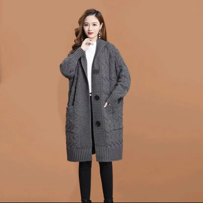 【卡奴欧】2025春秋水波纹加厚慵懒洋气百搭连帽长毛衣开衫外套