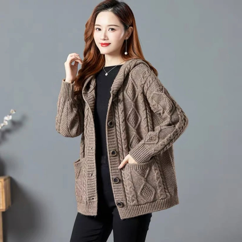 【卡奴欧】秋冬短款加厚连帽宽松直筒单排扣针织大衣外套大码02春秋