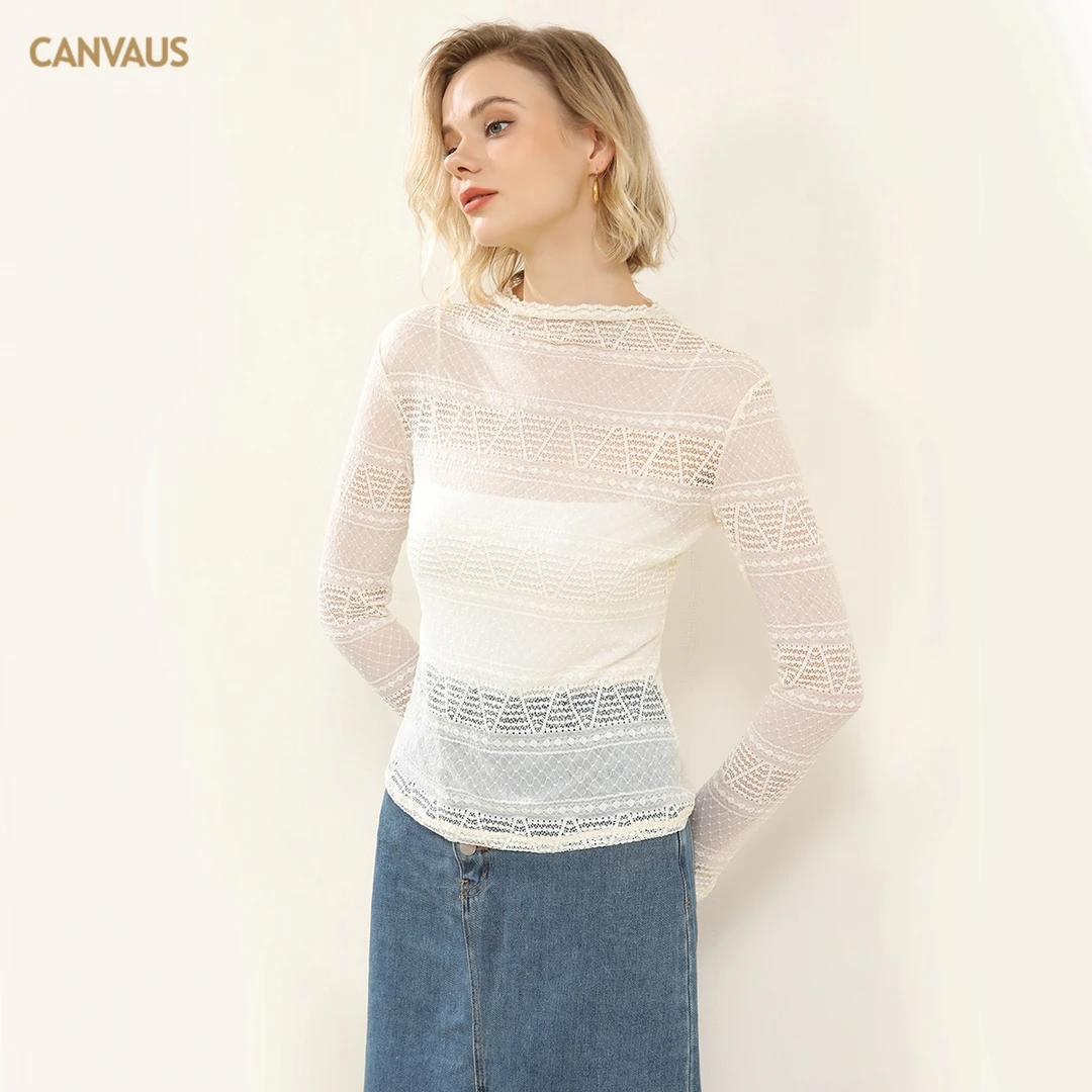 CANVAUS新款秋季半高领蕾丝打底衫女纯色长袖叠穿薄款内搭上衣潮