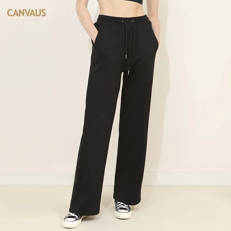 CANVAUS休闲裤女春夏新款白色裤子气质时尚抽绳松紧中腰阔腿长裤