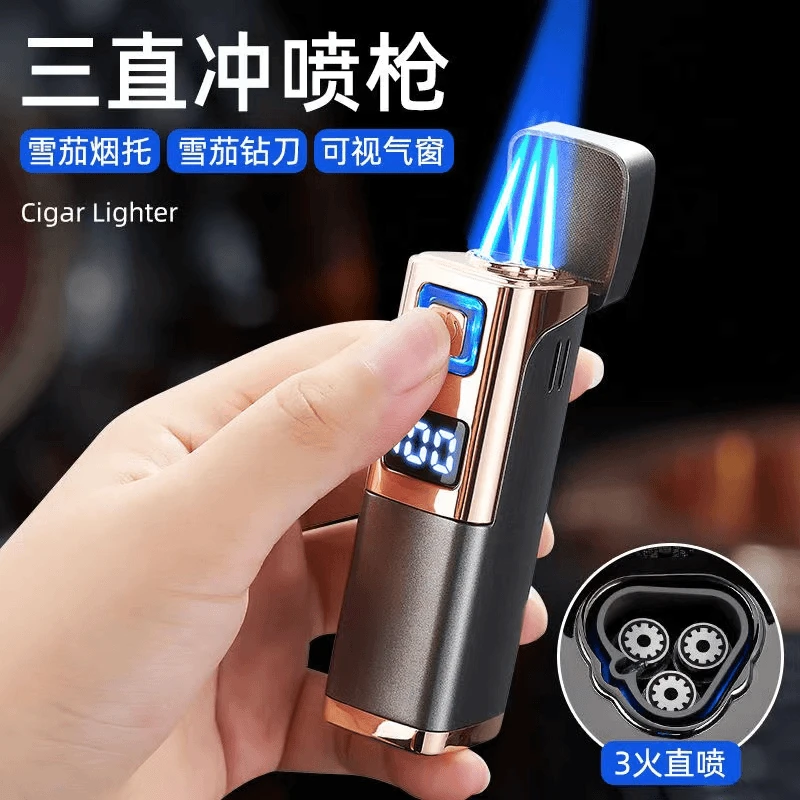 创意三直冲LED液晶屏气电合一技按压充气打火机usb